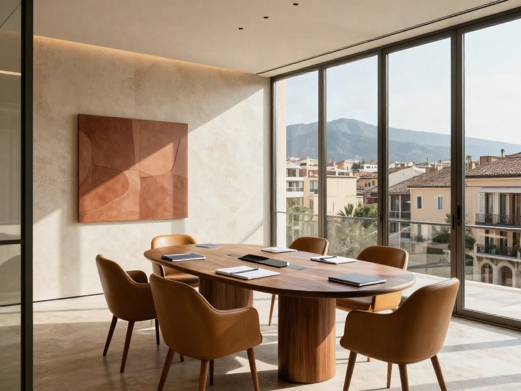 Sunlit executive meeting room with a walnut conference table and a mountain-facing city view